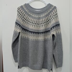 Boden Gray and Cream Nordic Yoke  Crewneck Sweater Size L Wool/Cashmere Pullover